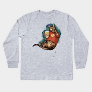 Bengal cat cinemaholic bingewatcher with popcorn Kids Long Sleeve T-Shirt